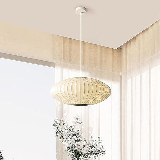 White Fabric Lantern Pendant Light,Adjustable Height Ceiling Hanging Lamp,Minimalist Dining Table Light,Japanese Style Pendant Lamp for Living Room Bedroom