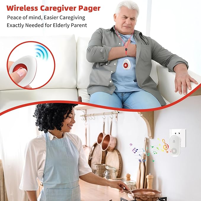Wireless Caregiver Pager SOS Call Button for Elderly Monitoring 1000+ Feet Life Alert，Emergency Alert System Call Bell for Nurse Patient Disabled 1 Waterproof Transmitter & 1 Plugin Receiver