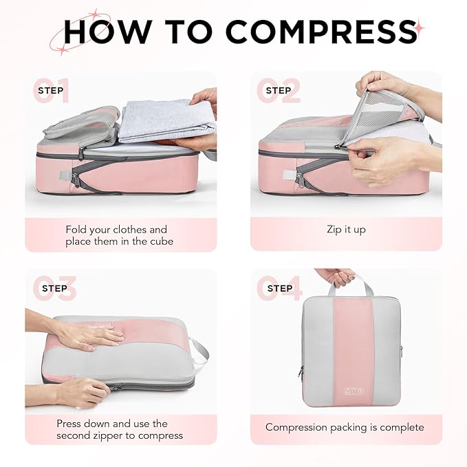 10 Set Compression Packing Cubes for Travel Essentials Women Mom,Compressible Expandable Packing Cubes for Suitcase,OlarHike Luggage Organizer Bags for Travel,Handy Helper for Organizing Clothes(Pink)