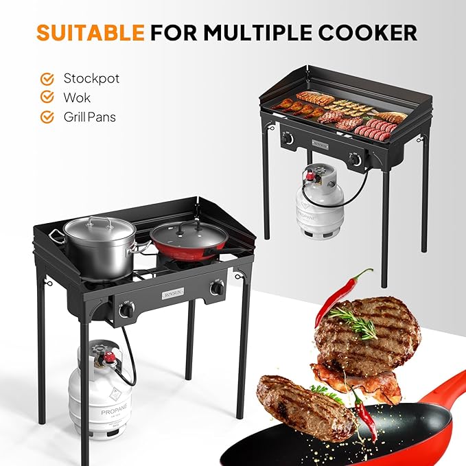 ROVSUN 2 Burner Outdoor Propane Gas Stove with Regulator, Windpanel & Carrying Bag, 150,000 BTU Powerful Stand Cooker for Backyard Cooking Camping Home Brewing Canning Turkey Frying