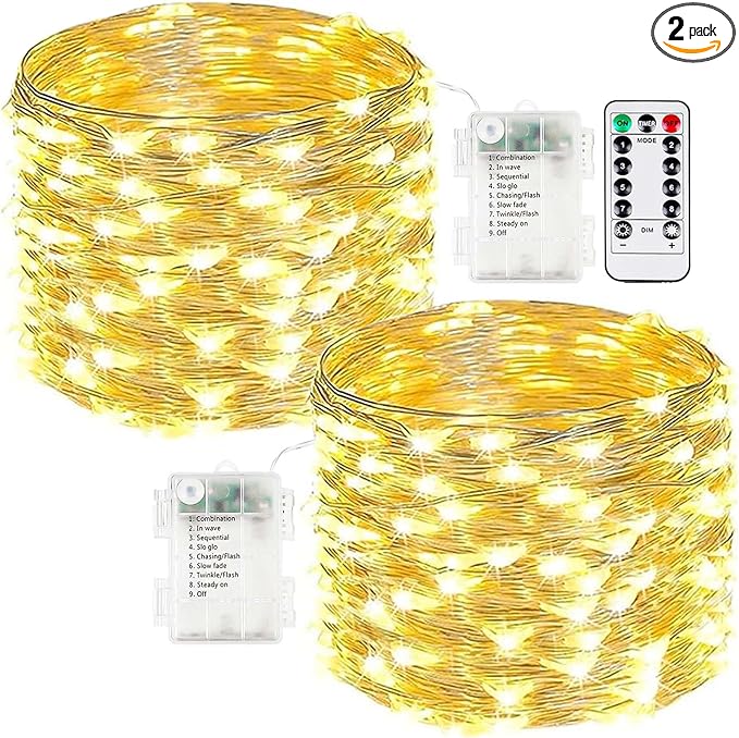 2-Pack Fairy Lights Battery Operated with Remote, Waterproof 33FT 100 LED Battery String Lights Outdoor Indoor, 8 Modes Twinkle Lights with Timer for Bedroom Classroom DIY Christmas Decor (Warm White)