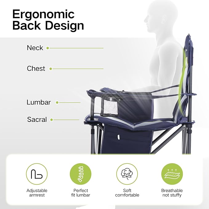 GREEN PARTY Folding Camping Chair Oversized Heavy Duty Lawn Chair with Cooler Bag, Cup Holder, Storage Pocket, Collapsible Padded Outdoor Arm Chair, Quad Lumbar