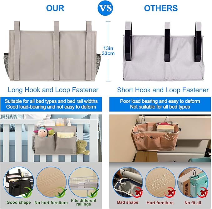 Surblue Bedside Caddy Hanging Bed Organizer Storage Bag Pocket for Bunk and Hospital Beds, College Dorm Rooms Baby Bed Rails,Camp (8 Pockets),Gray