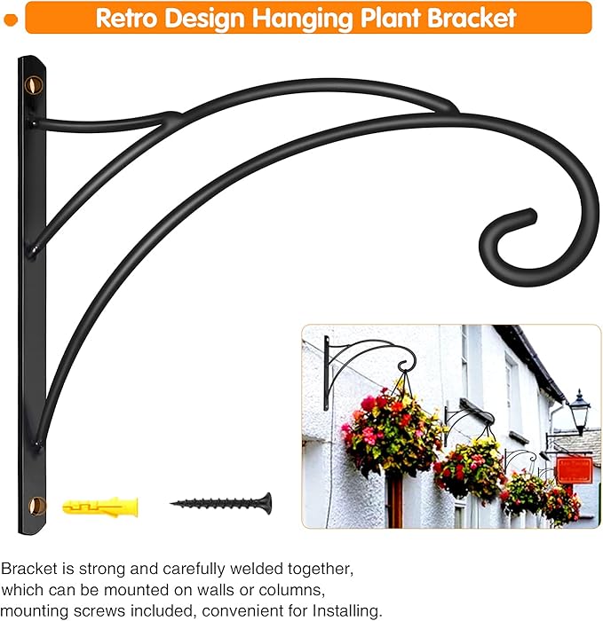 Hanging Plant Brackets, Pack of 4 Iron Hanging Basket Bracket Durable Weather-Resistant Outdoor Plant Hooks for Hanging Plant Lantern Windchime Birdhouse Metal Sign Fruit Bracket, Screw Included
