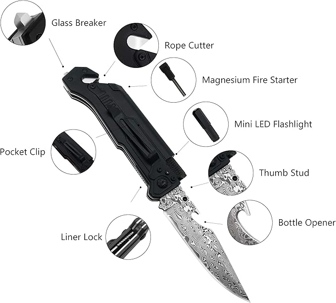 ALBATROSS 6-in-1 Modern Damascus Steel Folding Pocket Knives with LED Light,Seatbelt Cutter,Glass Breaker,Magnesium Fire Starter,Bottle Opener;Multi-Function Emergency Tool(Black-DA)