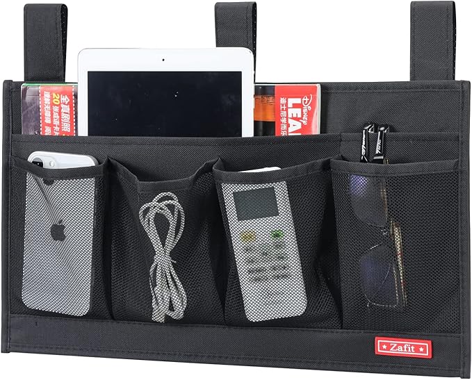 Hanging Bedside Caddy, Bedside Storage Organizer for Magazine, Phone, Remote control (6 Pockets-Black)