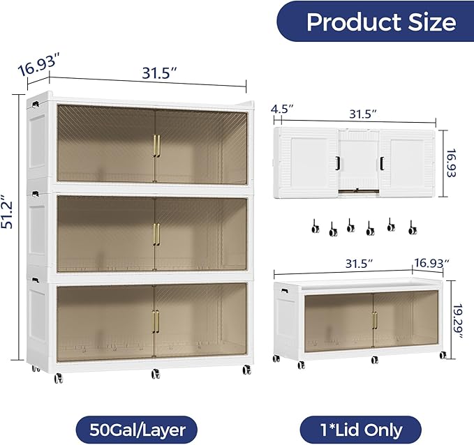 150GAL Extra Large Stackable Storage Bins with Lid, 600QT Plastic Closet Organizer and Storage Cabinet with Wheels and Doors, Folding Storage Box Container for Home Organization, 3Pack White