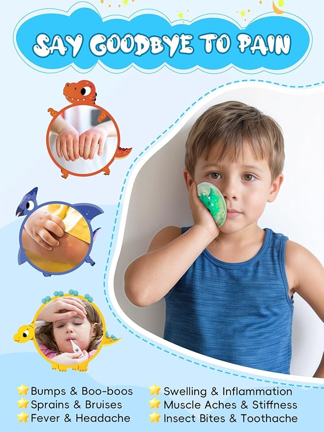 Kids Ice Packs for Boo Boos, 6 Pcs, Baby Small Gel Ice Packs for Injuries Reusable, Mini Hot Cold Compress for Body Pain Relief, Toothache, Fever, Mosquito Bite, Get Well Gift for Girl Boy (Dinosaur)
