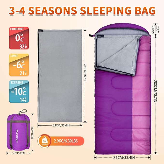 XL 10 Degree Sleeping Bags Waterproof for Adults 350GSM Machine Washable with Compression Sack for 3-4 Season Camping Outdoor