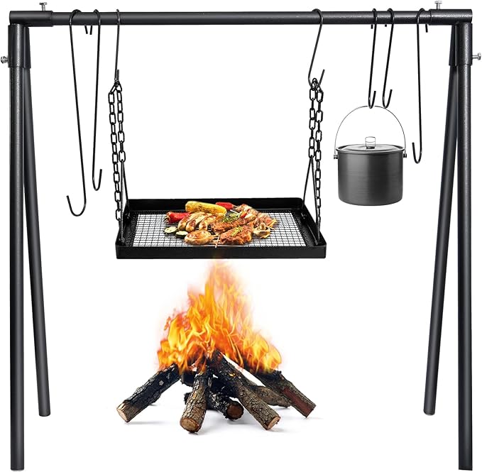 Campfire Swing Cooking Grill Stand, Collapsible Campfire Cooking Rack with Adjustable Iron Grill Grate and Hooks for Outdoor BBQ Picnic Cookware Party Dutch Oven