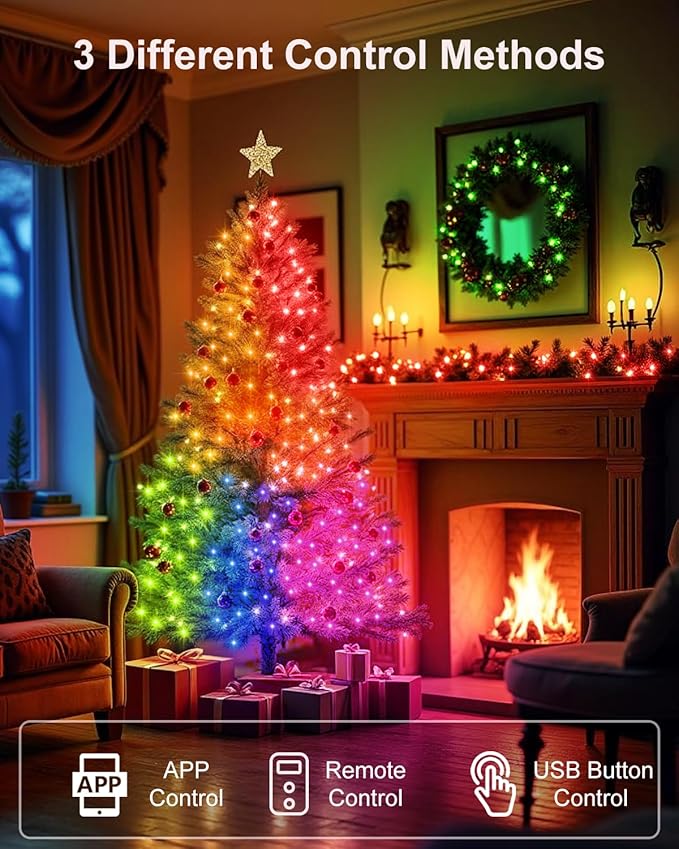 Smart Fairy Lights 2 Pack 66Ft 200 LED Twinkle String Lights with Remote & APP Control, Color Changing USB Christmas Tree Lights Music & Mic Sync for Halloween Holiday Party Decor