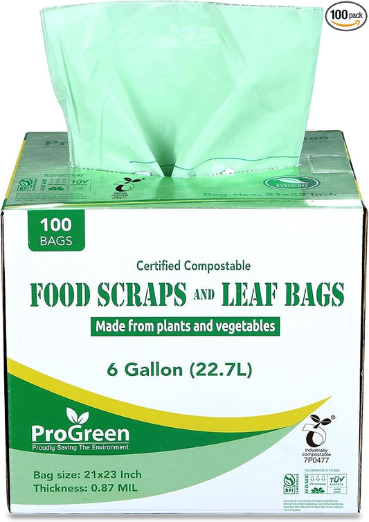 ProGreen Compostable Trash Bags, Extra Thick, Compost Kitchen Bin Bags, Food Scraps Yard Waste Bags, ASTM D6400 BPI and TÜV AUSTRIA Certified (6 Gallon, Pack of 100)