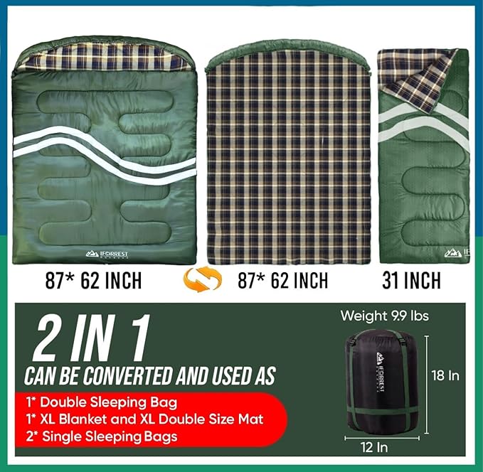 IFORREST Cotton Flannel Double Sleeping Bag for Adults - 2-Person 10°F Cold Weather Camping Bed - Extra-Wide & Warm Queen-Size XXL