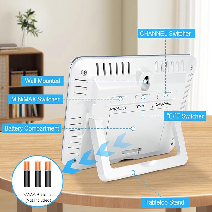 Urageuxy Indoor Outdoor Thermometer Wireless Weather Station with Temperature and Humidity Monitor Digital Hygrometer with 3 Remote Sensors, Min/Max Record,℃/℉ Switcher, Backlight, Grey