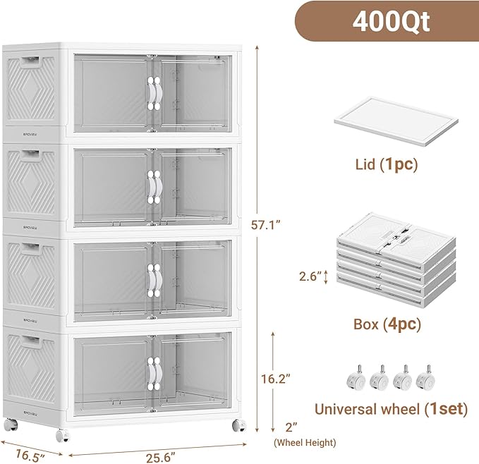 400QT Extra Large Stackable Storage Bins, 100Gal Clear Plastic Closet Organizer Cabinet with Lid and Wheels, Collapsible Latch Boxes Folding Drawer with Door for Home Kitchen, V20 4Pack White