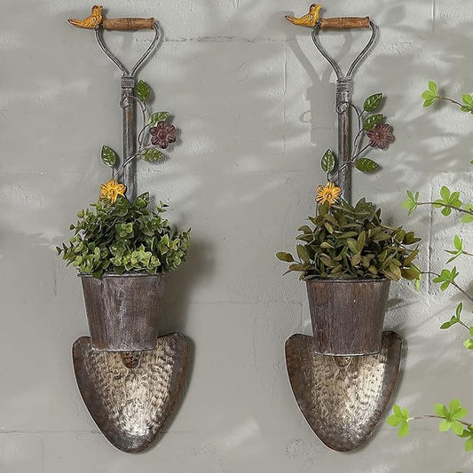 2Pcs Wall Mounted Planter Farmhouse Outdoor Wall Decor-Rustic Garden Shovel Tool Planters