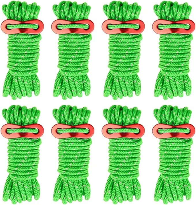 8 Pack 4mm Guy Lines Ultralight Tent Cords with Aluminum Adjuster Tensioner Outdoor Camping Guylines Ropes for Tent Tarp,Climbing,Hiking Backpacking (Green)