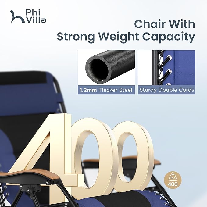 PHI VILLA XXL Oversized Padded Zero Gravity Chair, Foldable Patio Recliner, 30" Wide Seat Anti Gravity Lounger with Cup Holder, Set of 2, Support 400 LBS (Navy Blue)