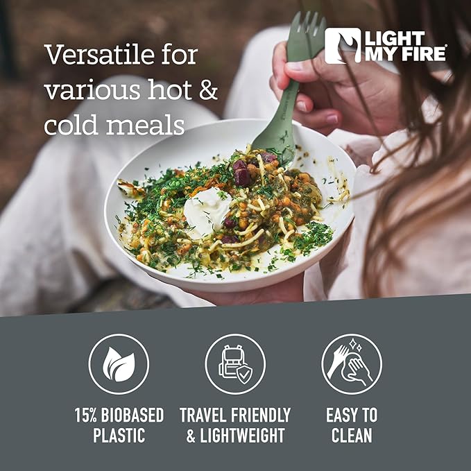 Light My Fire Spork Original 4-Pack 3-in-1 Camping Spoon Fork Knife Combo Reusable Travel & Camping Utensils Lunch Spork Outdoor Backpacking Hiking Picnic Utensil BPA Free, Meadow