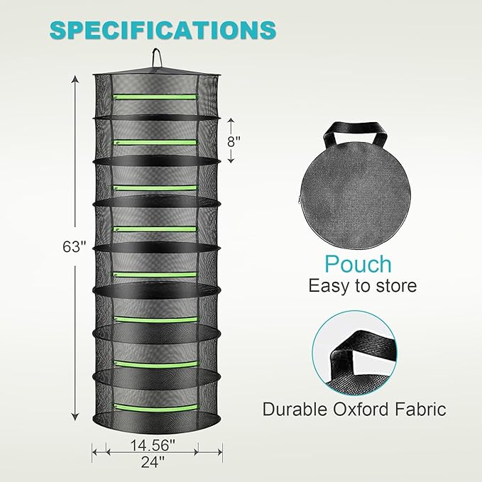 2ft Herb Drying Rack Net Mesh with Green Zippers Hydroponics,Bonus Hook Drying Rack Herbs for Plant Bud Seed, Mesh Hanging Plant Dry,Herb Dry Net for Garden (8 Layer, Zipper Style)