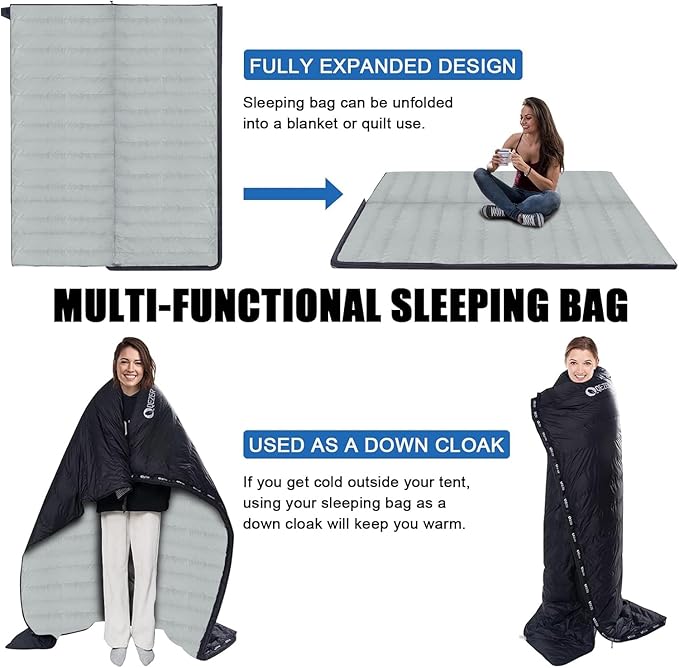 Down Sleeping Bag for Adults, Ultralight Wearable Sleeping Bag for Backpacking, Can Be Used as a Blanket or Mat