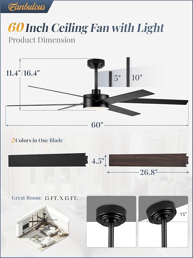 60 Inch Ceiling Fans with Lights and Remote, Reversible 6 Blades & Dimmable 3-Color Outdoor Ceiling Fans for Patios, DC Motor Large Ceiling Fan for Indoor or Covered Outdoor-Black