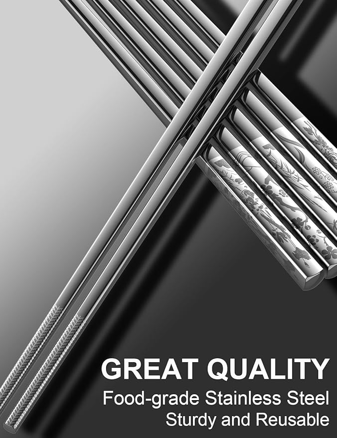 Metal Chopsticks Reusable 18/8 stainless steel Chopsticks 5 Pairs Classical Oriental Floral Dishwasher Safe Lightweight Non-Slip Chop Sticks 9 1/4 Inches Present Set