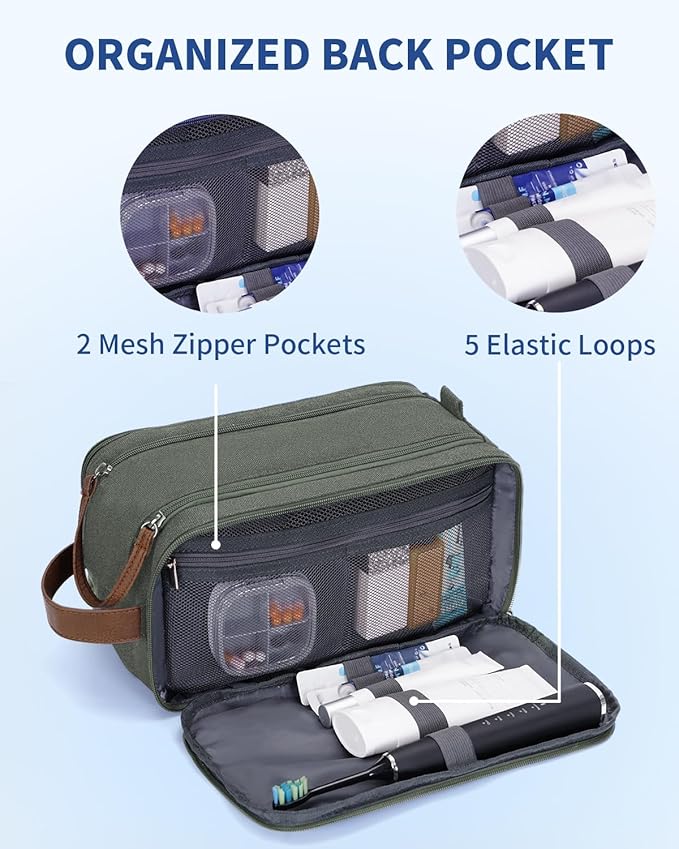 WANDF Toiletry Bag for Men Travel Toiletry Organizer Canvas and Leather Dopp Kit Water-Resistant Shaving Bag for Travel Accessories (Green, Large)