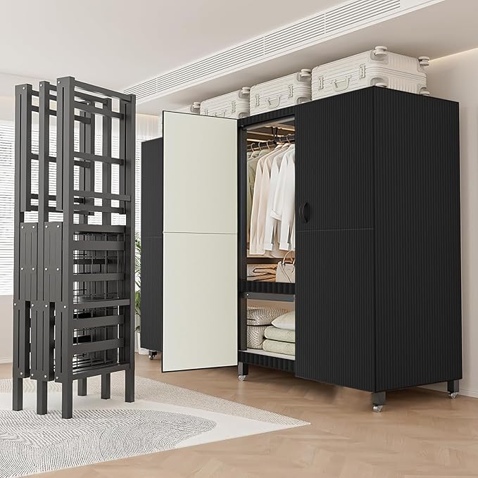 FPIGSHS Heavy Duty Clothes Rack with Magnetic Door 2000LBS Foldable Portable Wardrobe Closet for Hanging Clothing Rolling Garment Rack on Wheels for Bedroom Closet System (A（Black Door）, 59in)