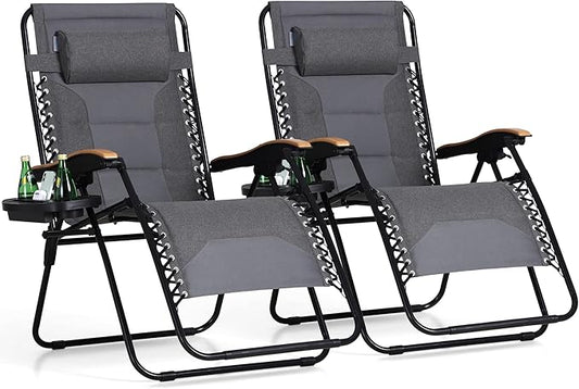 PHI VILLA XXL Oversized Padded Zero Gravity Chair, Foldable Patio Recliner, 30" Wide Seat Anti Gravity Lounger with Cup Holder, Set of 2, Support 400 LBS (Gray)