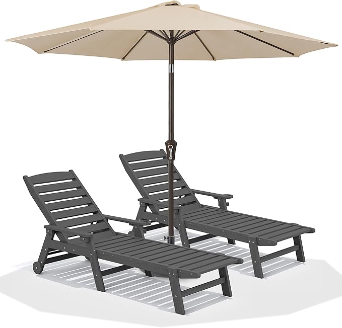 SERWALL Patio Chaise Lounge Chair Set of 2 with 9FT Patio Umbrella, 78'' HDPE Outdoor Lounger 5 Positions Adjustable, Poly Lounge Chair with Rolling Wheels & Cup Holder for Pool,Slate Gray