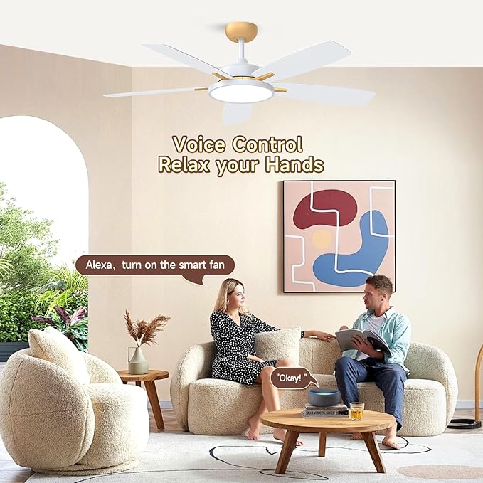 Roomratv Ceiling Fans with Lights,52 inch Smart Ceiling Fans with Dimmable LED Light Compatible with Google Home Alexa App Control(White Gold