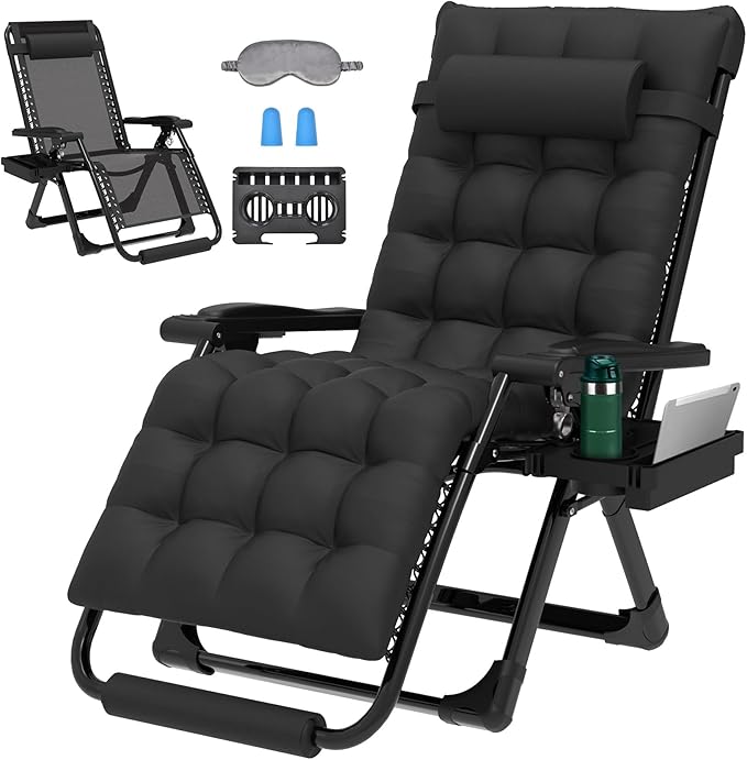 ZENPETIO 29In XL Zero Gravity Chair w/Cushion, Zero Gravity Recliner Lounge Chair for Indoor and Outdoor, Reclining Camping Chair for Lawn, Anti Gravity Chair with Cup Holder and Footrest, 440LBS