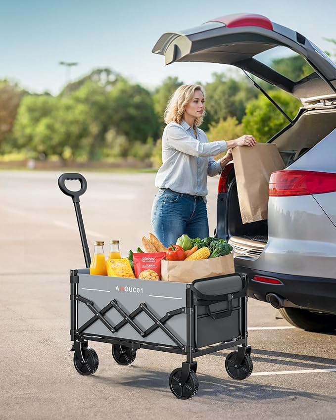 Small Wagon Cart Foldable, Collapsible Wagon with 360 LBS Max Load & Expandable Storage, 90L Foldable Grocery Cart with 2 Cup Holders for Outdoor, Garden, Camping &Groceries-Grey