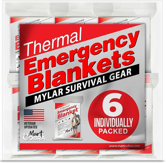 Emergency Blankets for Survival Gear and Equipment x6, Space Blanket, Mylar Blankets, Thermal Blanket, Survival Blanket, Survival Kits Emergency Kit, Emergency Supplies, Foil Blanket Camping Shelter