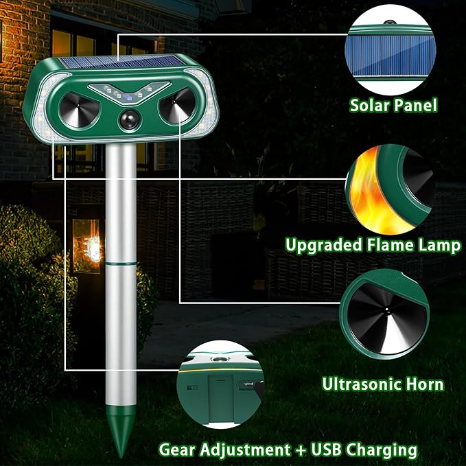 2025 Solar Animal Repellent Ultrasonic Cat Repellent Outdoor with Motion Sensor & Flashing Lights,Ultrasonic Control for Deer, Squirrel,Raccoon,Rabbit,Fox,Skunk Deterrent for Yard Garden,4 Pack