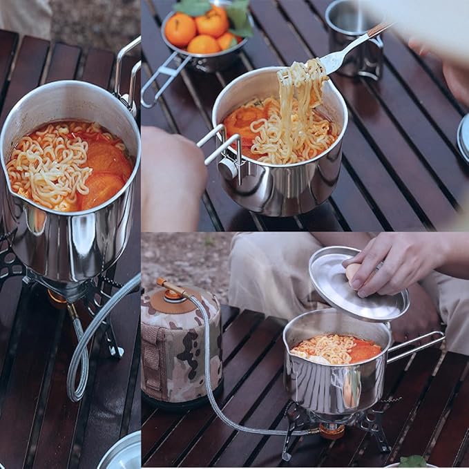 BSGB Camping Pot with Lid Fork Knife Spoon Bag and Detachable Handle 1L/34oz 304 Stainless Steel Pot Travel Coffee Pot Camping Tea Kettle Cookware Hiking Picnic Backpacking Survival