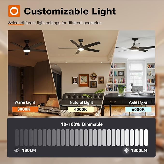 addlon Ceiling Fans with Lights, 52 inch Ceiling Fan with Light and Remote Control, Reversible, 3CCT, Dimmable, Noiseless, Black Ceiling Fan for Bedroom, Indoor/Outdoor Use