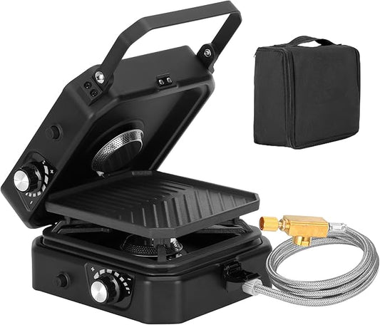 2 Burner Propane Stove Compatible with Propane Cylinders,2 Burner Camp Stove with Griddle and 16000 BTU Adjustable Burners,Portable Camping Stove Propane with Carry Bag and Handle for Camping (Black)