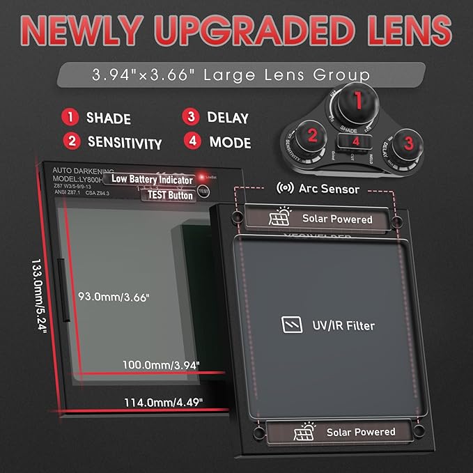 YESWELDER Large View Auto Darkening Welding Helmet, Blue Light Blocking, 1/1/1/1 True Color Solar Powered Welder Hood Mask with 4 Arc Sensors, Wide Shade 3/5-9/9-13 for TIG MIG ARC Cut and Grind