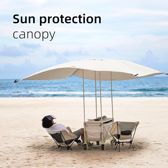 ONEFOREST Collapsible Wagon Cart with Canopy Tent, Portable Large Capacity Foldable Wagon Cart, Heavy Duty Garden Cart with Wheels for Camping Sports Beach Backyard and Picnics, Beige