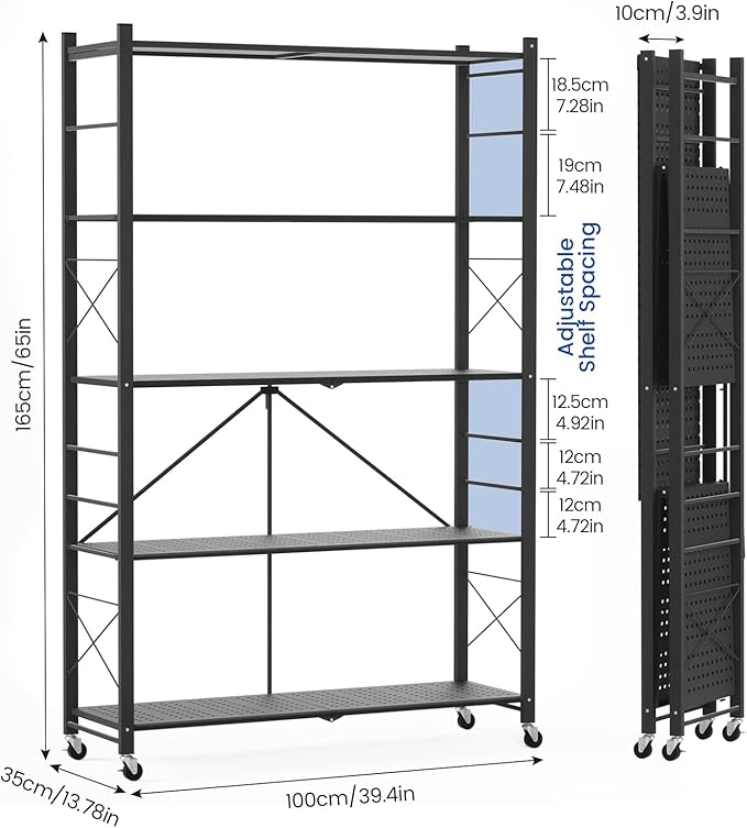 ALANNG 39.4" Wide Folding Storage Shelves with Wheels, Adjustable Metal Shelving Unit, Standing Shelf Organizer for Closet Kitchen Garage Laundry Pantry (Black,1 Pack)