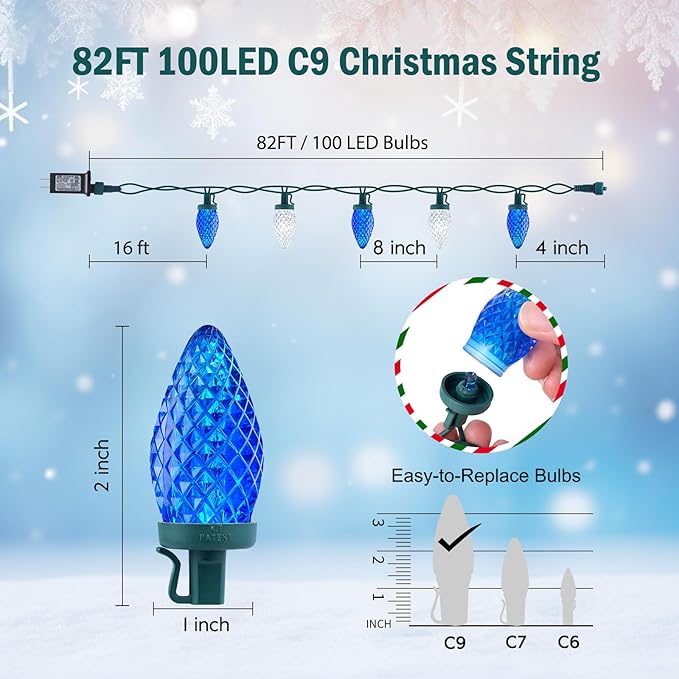 C9 LED Christmas String Lights - 82ft 100 LED Outdoor String Lights with Timer and 8 Lighting Modes, Plug in Extendable Roofline Lights String for Outside Yard Porch Christmas Holiday Decoration