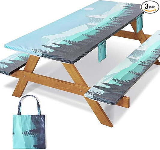 Fitted Picnic Table Cover with Bench Covers Elastic Water Proof Outdoor Camping Tablecloth for 8 Foot Rectangle Tables Roadtrip Summer Organization Rv Car Essential Holiday Gifts for Campers