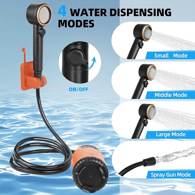 Portable Shower for Camping, 10000mAh Outdoor Electric Shower Pump Rechargeable IPX7 Waterproof Camp Shower with LED Display and 2 Head Nozzle for Camping, Hiking, Travel, Car, Pet