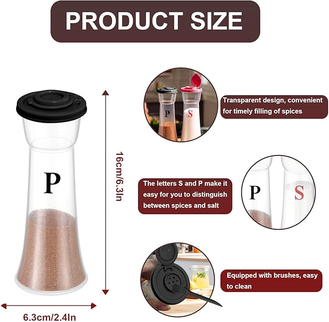 Set of 2 Clear Salt and Pepper Shakers, Plastic Spice Jars with Colorful Lids, Leakproof Moisture-Proof for Home Kitchen Restaurant, Camping, Travel, Picnic (Black Red)