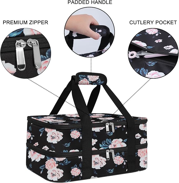 esouler Double Insulated Casserole Carrier Bag Hot & Cold Food Carrier Bag Lasagna Holder Lunch Bag for Picnics, Parties, Travel, Fits 9 x 13 Inches Casserole Dish-Flower