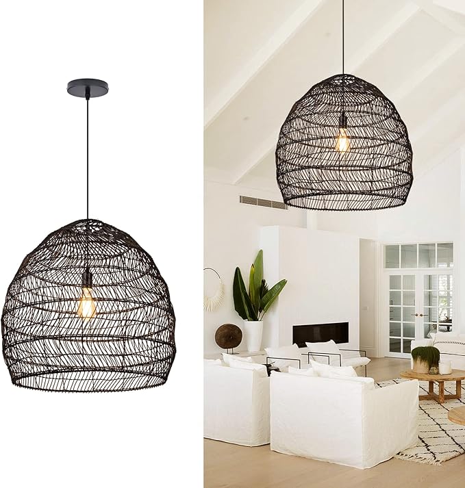 Arturesthome 19.6" Rattan Chandelier for Kitchen,Black Woven Basket Pendant Light Shades, Handwoven Pendant Lampshade for Bedroom Kitchen Farmhouse