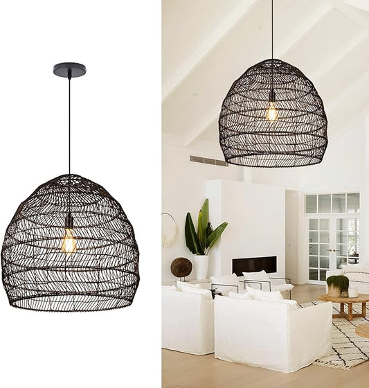 Arturesthome 19.6" Rattan Chandelier for Kitchen,Black Woven Basket Pendant Light Shades, Handwoven Pendant Lampshade for Bedroom Kitchen Farmhouse