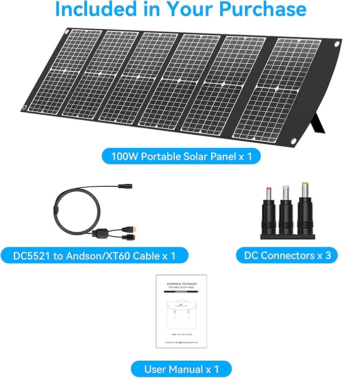 Extreme Lightweight and Compact Foldable Ecosonique 100W Portable Solar Panels Charger for Camping Power Station, Solar Generators, Cell Phones with USB QC3.0, Type-C PD3.0, Anderson and XT60 DC 20V